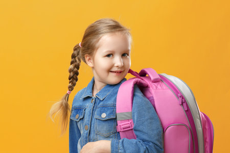 Portrait of a little girl schoolgirl with a backpack on a yellow background. Back to school. The...