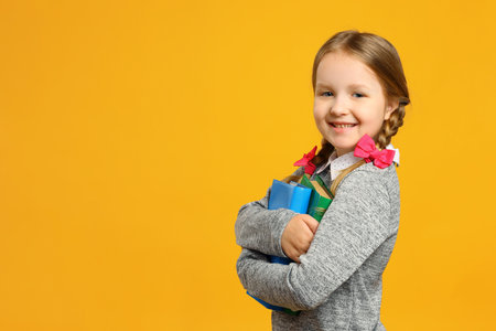 Portrait of a little girl schoolgirl with pigtails on a yellow background. The child smiles and holds textbooks. The concept of education. Back to school. Copy space.の写真素材