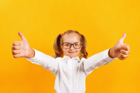 Little girl in glasses shows thumb up with two hands. The concept of success and education.の写真素材
