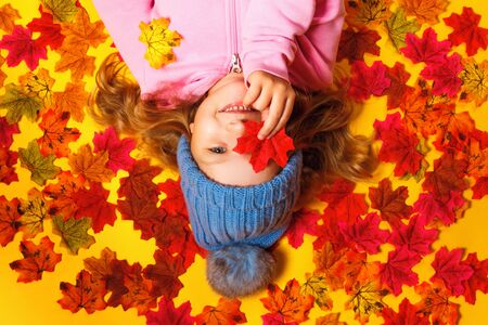 Top view of a happy child lying on the autumn leaves.の写真素材