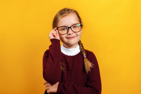 Clever little girl school girl corrects glasses. A child in a red sweater on a yellow background.