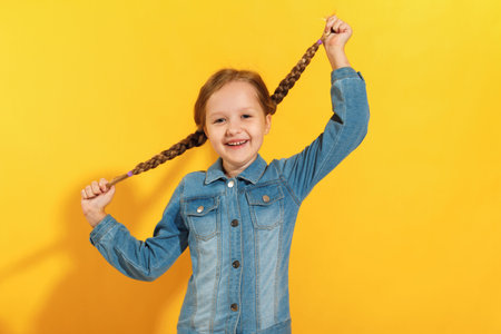 The child holds pigtails with his hands and laughs. Cheerful little girl in a denim shirt on a...