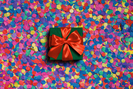 Green box with a gift and a red ribbon on scattered confetti.