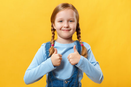 Cute happy little girl shows thumb up with two hands. A child with pigtails on a yellow background.