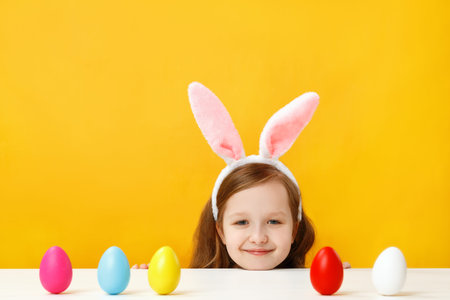 Easter concept. Happy baby in the ears of a bunny on a yellow background. A little girl looks out...