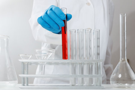 In a chemical laboratory, a pharmacist man analyzes a test tube with red liquid. Medical experiment....