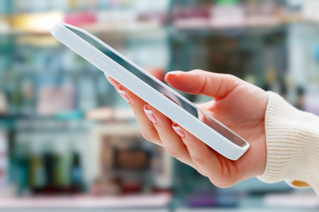 Close-up of female hands use mobile phone indoors on blurred background.