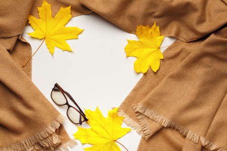 Cashmere scarf stole glasses with autumn yellow maple leaves on a light gray background. Flat lay top view copy spaceの写真素材