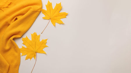 Autumn composition. Part of a yellow sweater with maple leaves on a light gray background. Flat lay top view copy spaceの写真素材