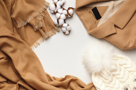 Warm autumn-winter clothes on a light gray background. Scarf coat hat. Flat lay top view copy spaceの写真素材