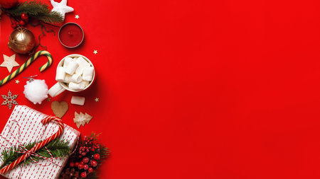 Christmas box with gift fir branches marshmallow candle on red background. Frame border flat lay top...