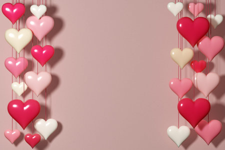 Valentine's day banner pink background with hanging hearts with place for text and copy space