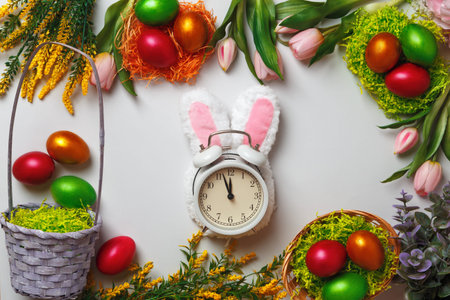 Easter composition. Multi-colored pearl eggs flowers tulips alarm clock basket on a gray background....