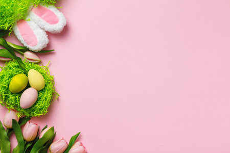 Easter composition. Colorful eggs in a nest of tulip flowers rabbit ears on a pink background copy...