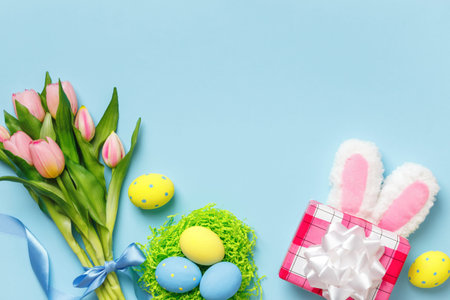 Easter eggs bouquet of pink tulips gift with rabbit ears on a blue background. Top view flat lay...