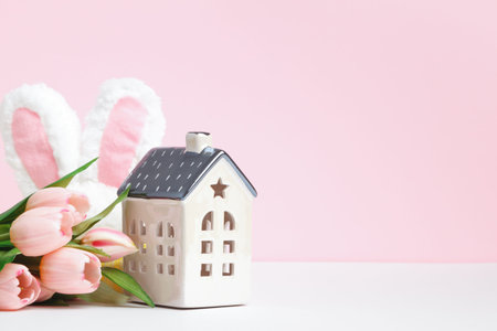 Easter composition. Tulip flowers rabbit ears toy house on pink background copy space