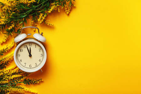 Spring time change. Retro alarm clock with flowering branches on a yellow background.の写真素材