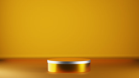 Podium round pedestal on a yellow gold background. product presentations. 3D rendering