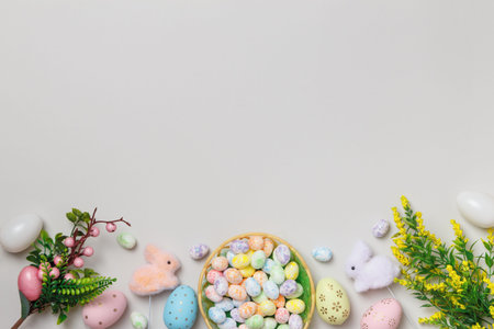 Easter composition. Eggs in a basket, flowering twigs of toy rabbits on a gray background. Flat lay...