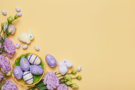 easter greeting card. Purple flowers eggs in a basket on a yellow background with copy space.