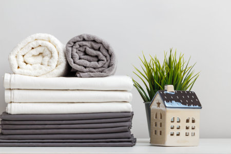 A stack of gray and white linens, sheets and terry towels on the table. A potted plant and a toy...