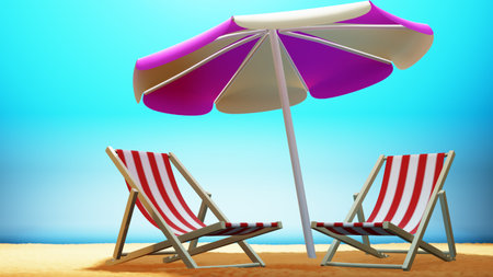 Summer exotic beach. Close-up of two sun loungers and an umbrella on the sand of the sunny sea. vacation travel concept. 3d renderingの写真素材
