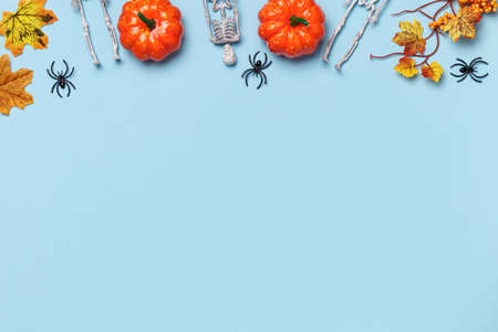Halloween composition. Decor items on a blue background. Pumpkin spider skeletonsの写真素材