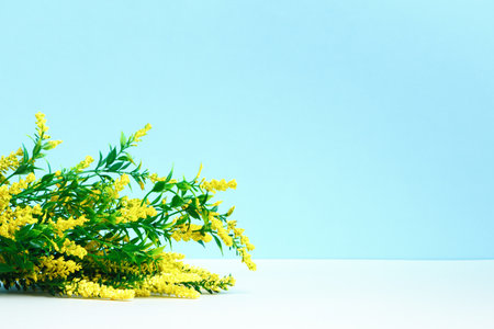 Easter spring composition. Flowering branch on the table.の写真素材