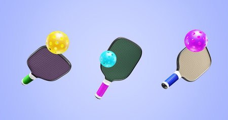 Three pickleball paddles with plastic balls on a purple background.3D renderingの写真素材