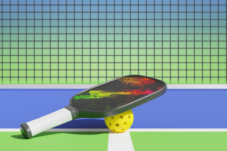 Pickleball racket and ball next to the net on the sports court. 3D renderingの写真素材
