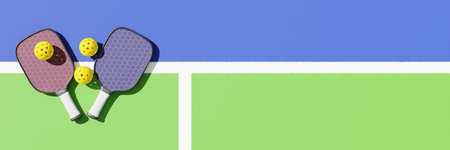 Pickleball racket and ball lie on the sports court. Banner copy space 3d renderingの写真素材