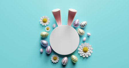 Empty white circle with protruding bunny ears, easter eggs, daisy flowers. 3d rendering.の写真素材