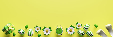 Easter banner eggs gift box flowers alarm clock bunny ears. 3d rendering.