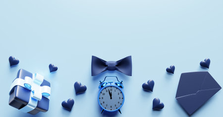 Father's day banner template with gift box bow tie alarm clock envelope.3d renderingの写真素材