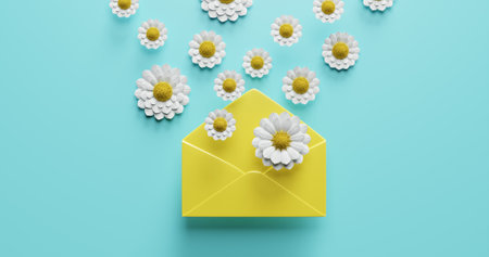 Flowers fly out of an open envelope. 3d renderingの写真素材