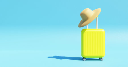 Travel time. Suitcase and hat on a blue background. 3d rendering.の写真素材