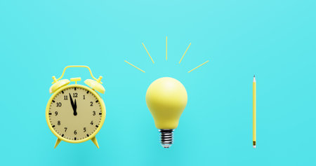Light bulb alarm clock pencils. Ideas invention brainstorming.3d renderingの写真素材