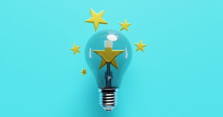 Ideas sudden awareness brainstorming. Star in a glass light bulb. 3d renderingの写真素材