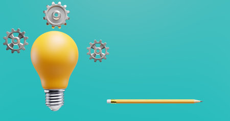 Light bulb gear pencil. Ideas solution innovation brainstorming. 3d renderingの写真素材