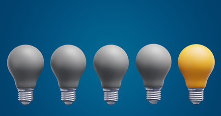 Light bulbs in a row. Ideas brainstorming success innovation.3d rendering
