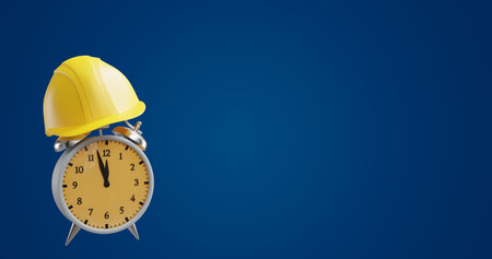 Happy Labor Day banner. Protective helmet on the alarm clock. 3d rendering