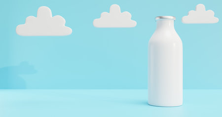 A bottle of milk on the table against the background of clouds.Day 3d rendering.の写真素材