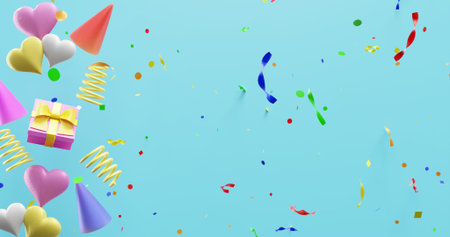 Birthday, gift boxes caps confetti.3d rendering