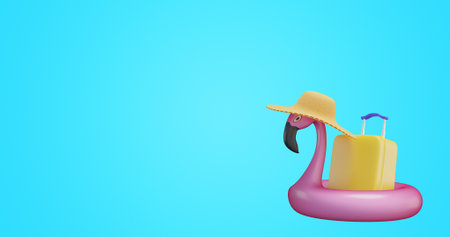 summer banner. Inflatable flamingo in a straw hat with a suitcase.3d renderingの写真素材