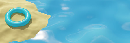 summer banner. Beach sand with inflatable ring sea water. 3d renderingの写真素材