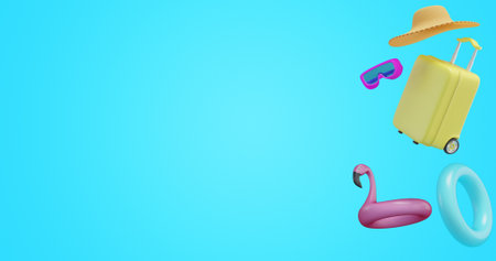 summer banner. Suitcase hat inflatable ring, water goggles.3d renderingの写真素材