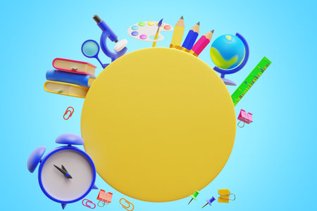 back to school. Large empty circle surrounded by student learning elements. 3d renderingの写真素材