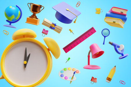 back to school. Big alarm clock and student learning education elements. 3d rendering