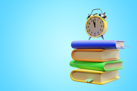 Stack of books and alarm clock isolated on blue background. 3d renderingの写真素材