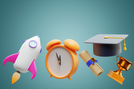 back to school. Rocket alarm clock and graduation academic cap. 3d renderingの写真素材